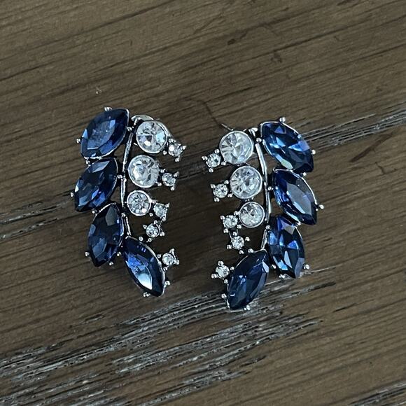 Rhinestone Blue Crystal Leafy Post Earrings Wedding Formal Prom Fashion - Picture 1 of 5